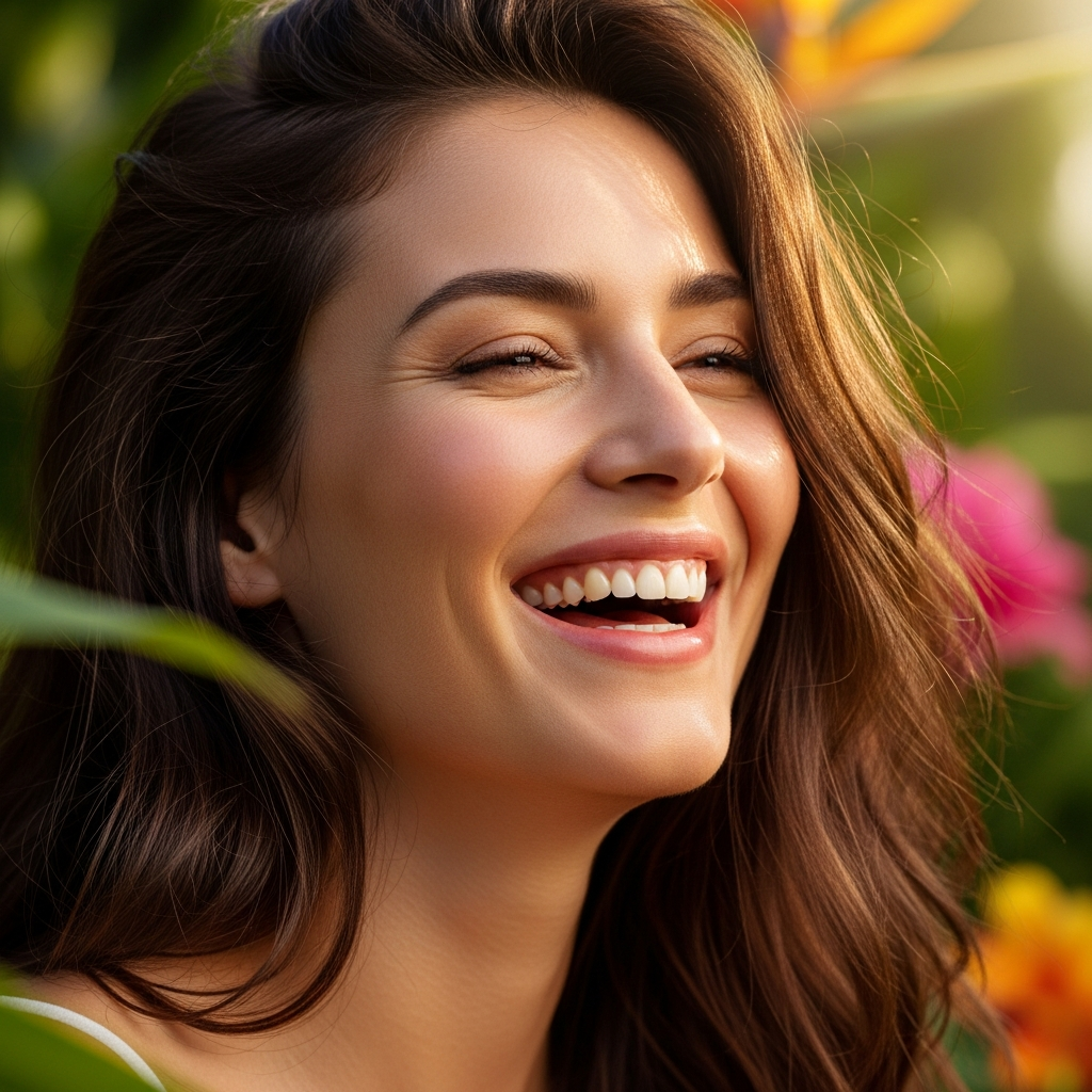 Mulher feliz com pele radiante ao ar livre